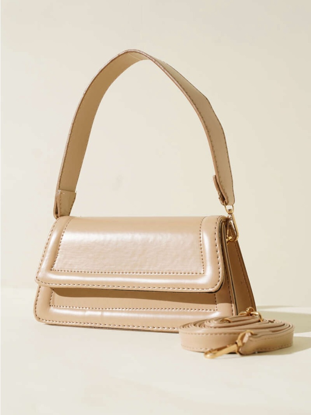 Madison West Taupe Leather Shoulder Bag with Detachable Strap